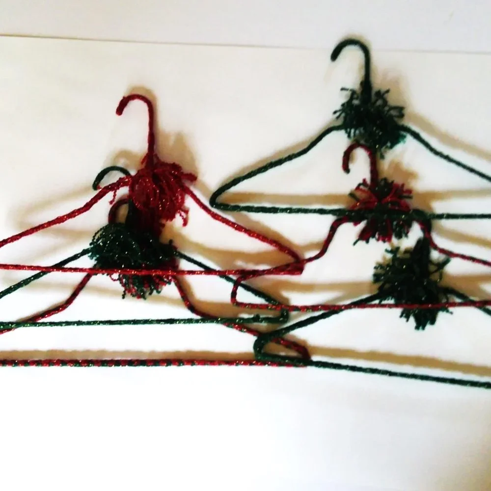 6 VTG 70s Crocheted Hangers Christmas Pom Poms Handmade Metal Retro Granny Knit